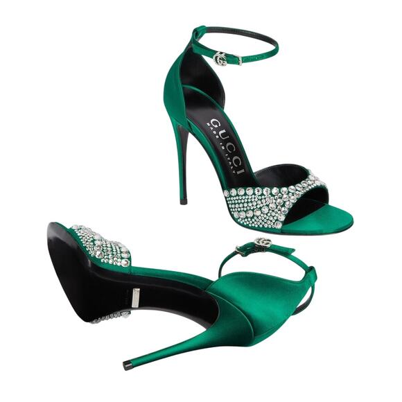 GUCCI Women's Satin High Heel Sandals with Crystals Size 37.5 US 7.5 Green New - Picture 14 of 16